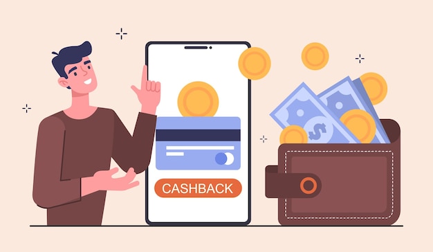 Online-Zahlung oder Geldrückerstattung Mann macht Einkäufe im Internet und erhält Cashback in seiner Brieftasche
