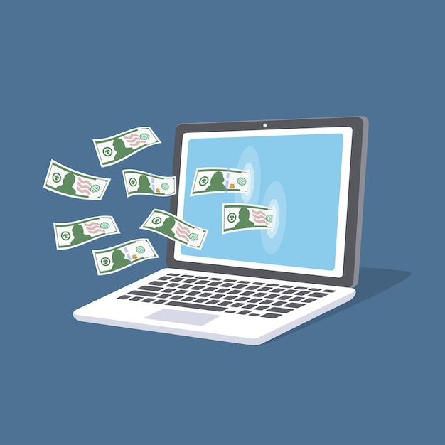 Online-Zahlungskonzept. Isometrischer Laptop mit Bargeld auf dem Bildschirm. Zahlungsdienste, Einkaufen, Auffüllen des Bankkontos.