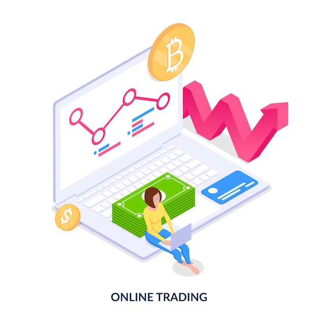 Onlinehandel. das mädchen analysiert den markt und handelt an der börse. vektor-illustration