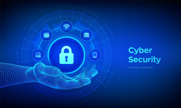 Onlinesicherheit. Datenschutzkonzept auf virtuellem Bildschirm. Vorhängeschloss mit Schlüssellochsymbol in der Roboterhand.