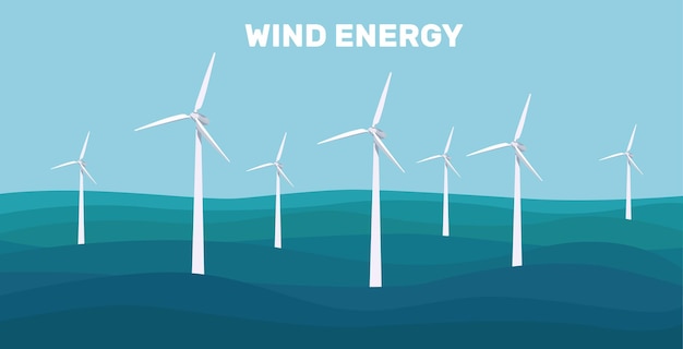 Onshore-windparks. grüne energiewindkraftanlagen auf dem meer, im ozean. windräder. vektor