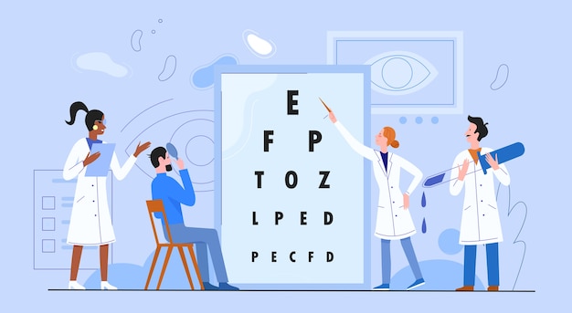 Ophthalmologie medizin konzept flache vektor-illustration, cartoon frau mann arzt augenarzt zeichen überprüfung patienten vision sicht