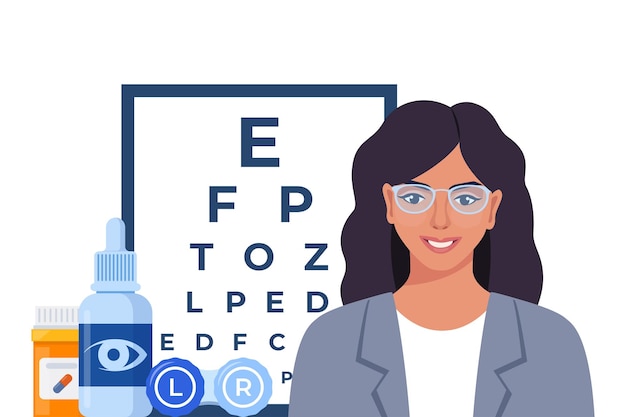 Ophthalmologische Ikonen Zusammensetzung Brille Augentropfen Kontaktlinsen Testtabelle mit Buchstaben