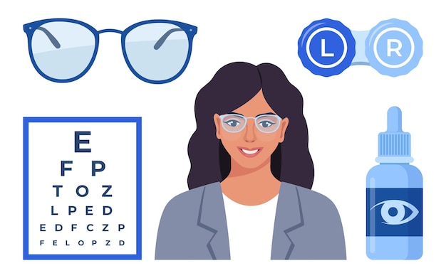 Ophthalmologische Ikonensatz Brille Augentropfen Kontaktlinsen Testtabelle mit Buchstaben