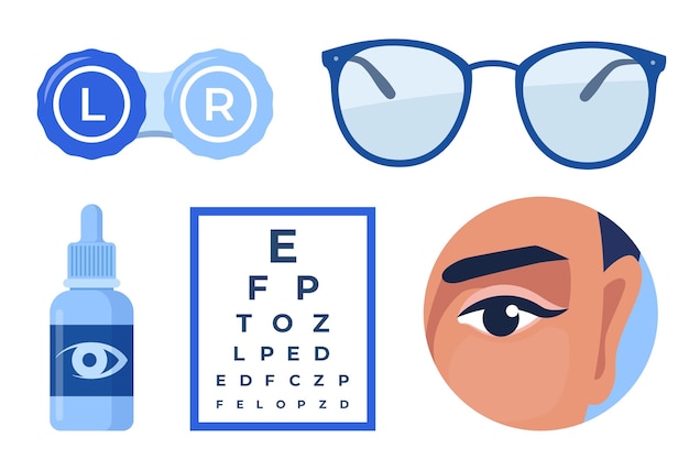 Ophthalmologische Ikonensatz Brille Augentropfen Kontaktlinsen Testtabelle mit Buchstaben