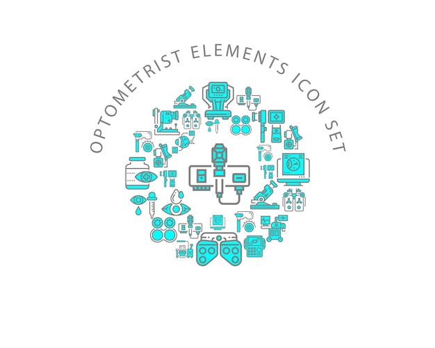 Optiker-Elemente-Icon-Set-Design