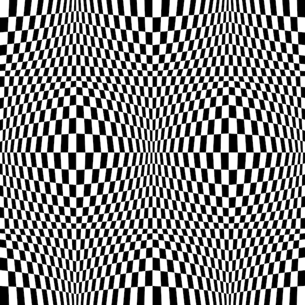 Optische täuschung karierter vektor abstrakter nahtloser hintergrund, schwarz-weiß-muster, schachbrettfliesen mit psychedelischem kugelvolumen, geometrische schachbrett-op-art.