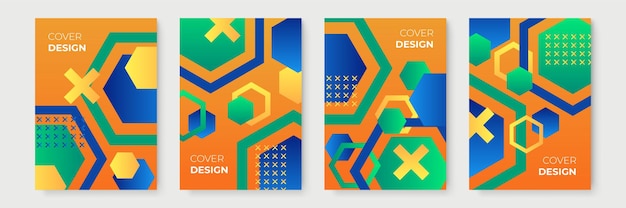 Orange, blaue, grüne abstrakte geometrische coverdesigns mit farbverlauf, trendige broschürenvorlagen, farbenfrohe futuristische poster. vektor-illustration