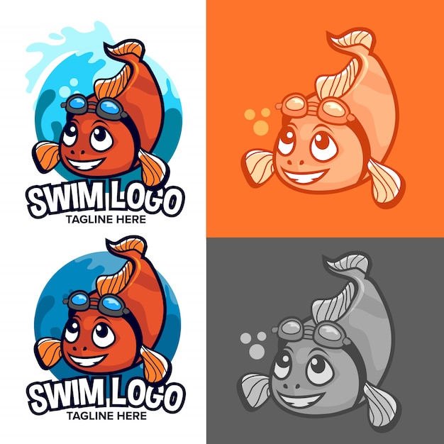 Orange clownfische schwimmen schullogo mit maskottchen