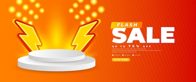 Orange flash-sale-banner-design mit podium-elementen, geeignet für einzelhandelsaktionen