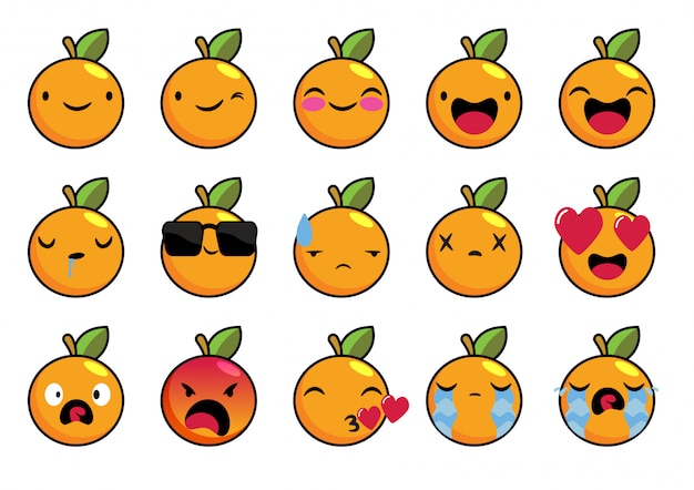 Orange frucht mit emoticonvektorzeichensatz