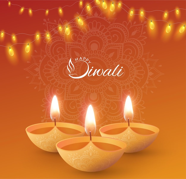 Orange glänzende Happy Diwali Karte mit Öllampen Festival of Lights