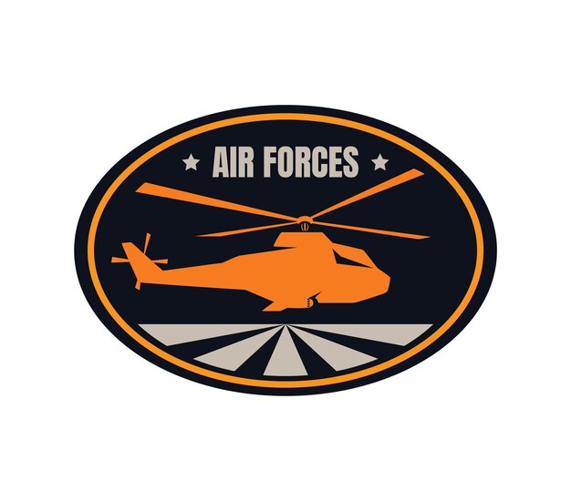 Orange militärischer hubschrauber auf dem luftwaffenemblem mit start- und landebahn-design militärische luftfahrt-abzeichen mit flugzeugvektor-illustration