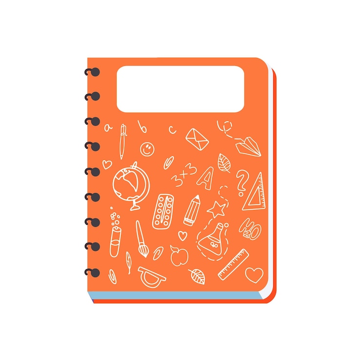 Vektor orange notizbuch mit ringen und gekritzelzeichnungen notizbuch-vektorillustration