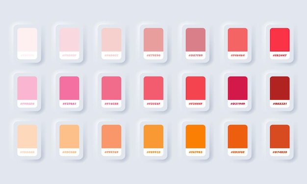 Orange und rote Pastellfarbpalette. Katalogproben orange und rot in RGB HEX. Farbkatalog. Neumorphic UI UX weiße Benutzeroberfläche Web-Schaltfläche. Neumorphismus.