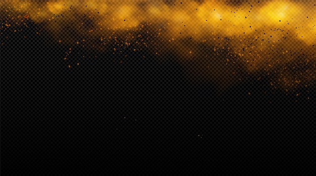 Orange Wolkenrauch mit lichtrealistischem Vektor Goldfarbenes Nebel auf transparentem Hintergrund 3D-dynamisches fliegendes rauchiges Effekt Horizontaler Dampfrahmen mit Staubpartikel und schmutzigem chemischen Nebelspray