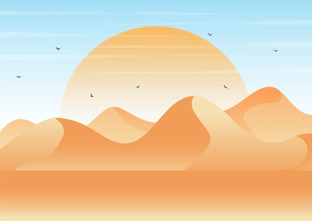 Orange Wüstenlandschaft Dünen Illustration Reise nach Ägypten flache Cartoon-Stil Morgen Panorama Sonnenaufgang