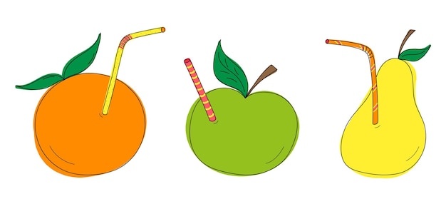 Vektor orangefarbenes apfel- und birnenfruchtset mit saftröhrenvektorillustration im doodle-stil