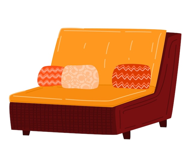 Vektor orangefarbenes modernes sofa mit dekorativen kissen, möbeldesign für wohnzimmer oder lounge-interieur