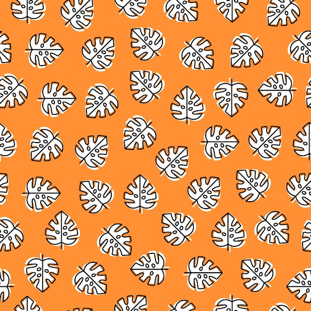 Orangefarbenes, nahtloses Muster mit weißem Monstera-Blatt
