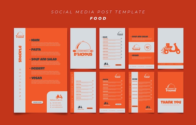 Orangefarbenes social-media-template-design mit lebensmittelmenü restaurant-template-design in orangefarbenen farben