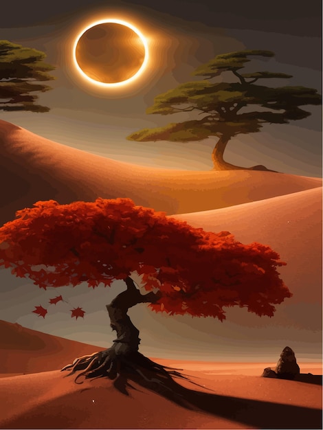 Orangenbaum in der mittleren wüste unter hügel auf hintergrundbergen und mondvektorillustration