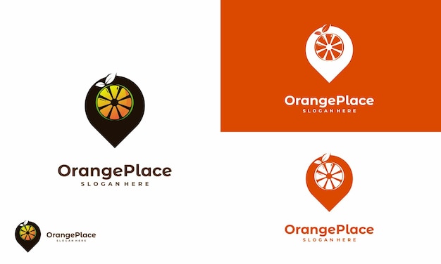 Orangenfrucht mit zeiger-kartenlogo-designkonzept modernes orangenfrucht-standortlogo