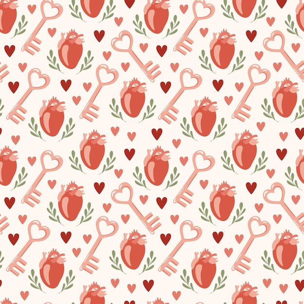 Vektor organ-herz-liebes-schlüssel valentinstag cartoon-stil nahtloses muster