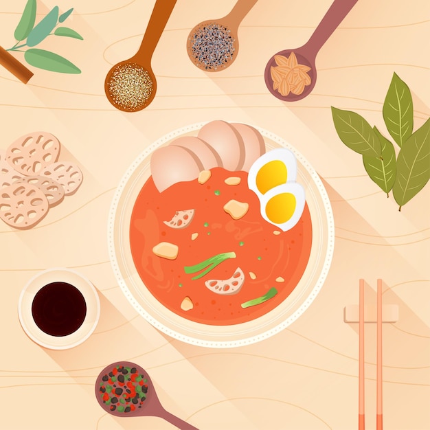 Orientalische ramen-suppe. draufsicht auf das rezept der asiatischen küche. gewürze und kräuter in holzlöffeln