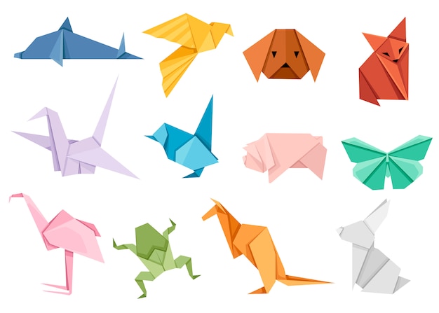 Origami japanisches Tierset. Modernes Hobby. Illustration auf weißem Hintergrund. Bunte Papiertiere, niedrig polygonal