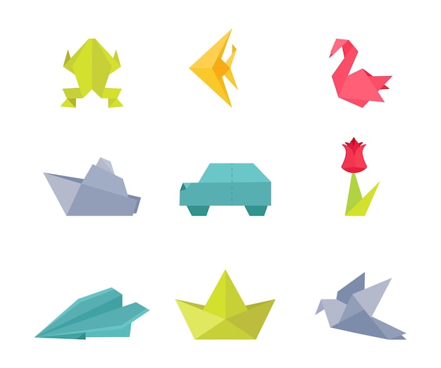 Origami Papier Handwerk Illustrationen Set Froschfisch Schwan und Taube Traditionelle orientalische Kunst künstlerisches Hobby Auto Schiff Flugzeug und Blume handgefertigte chinesische Dekorationen Tiere und Fahrzeuge