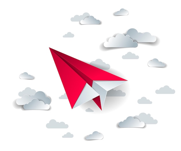 Origami-Papierflugzeug-Spielzeug, das am Himmel mit schönen Wolken fliegt, perfekte Vektorillustration der malerischen Wolkenlandschaft mit Spielzeug-Jet-Start, Flugreisen-Thema.