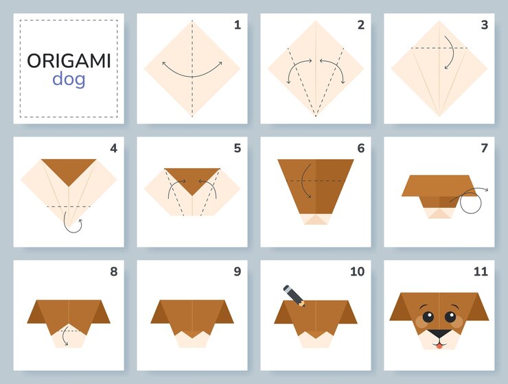 Origami-Schema-Tutorial bewegliches Modell Origami für Kinder Schritt für Schritt, wie man einen niedlichen Papierwelpen macht