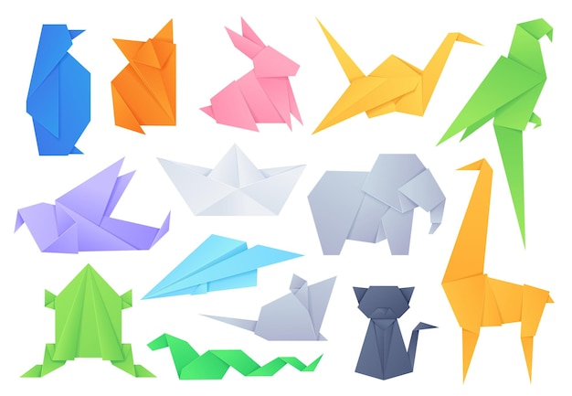 Origami-tiere. geometrische gefaltete formen für japanisches spielpapierboot und flugzeug, kranich, vögel, katze, elefant und kaninchen. basteln von hobby-vektor-set. illustration elefantenpapier und wal, kranich und katze