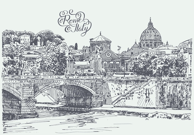 Original Skizze Handzeichnung von Rom Italien berühmtes Stadtbild mit Handbeschriftung Inschrift