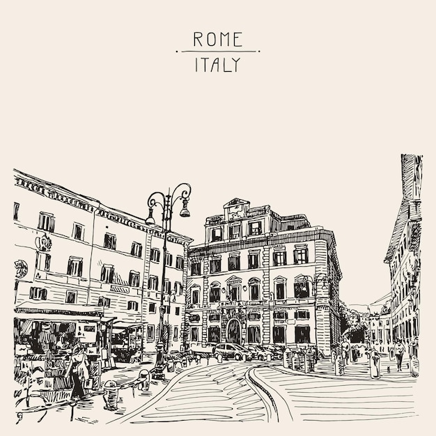 Vektor original skizze handzeichnung von rom italien berühmtes stadtbild, reisekarte, vektorillustration