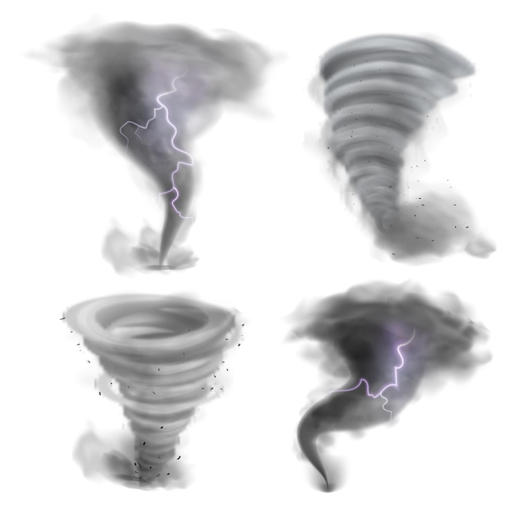 Vektor orkanwirbel realistischer tornado 3d-twistersturm mit blitz isolierter wirbelwind lufttrichter eingestellt naturkatastrophe zerstörerisches klimaphänomen spiralwindbewegung vektorkatastrophe