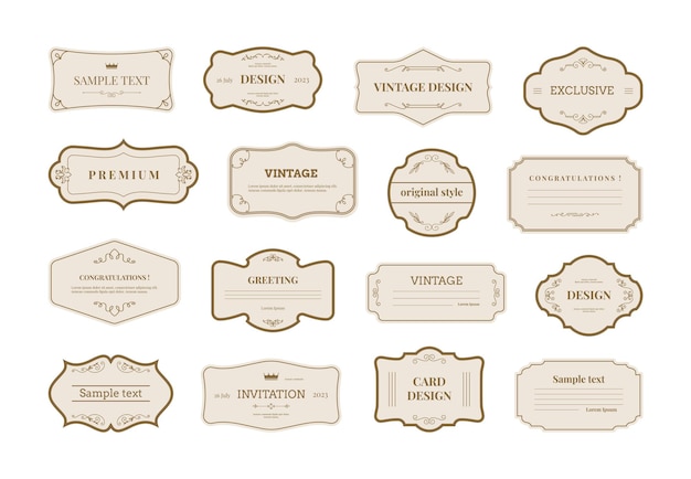 Ornament Etikett klassischer Vintage-Stil Aufkleber Retro-Emblem Rahmenkollektion mit Kopie-Räumzeichen Abzeichen mit Wirbel Dekoration Elemente Schildtafel oder Logo Vorlage Vektor Vignette Grenze Set