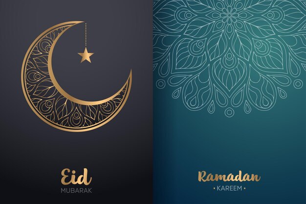 Ornamental eid mubarak und ramadan kareem karte mit mandala und halbmond.