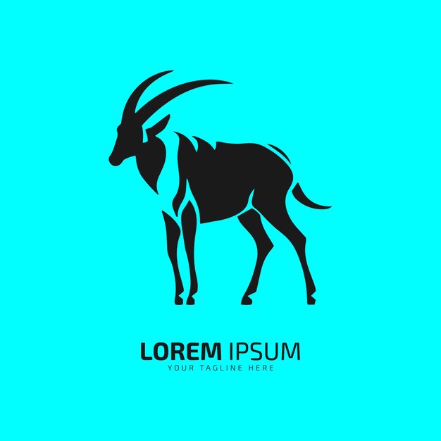 Oryx-Logo-Symbol-Silhouette. Stehen Sie in Ziegenform auf himmelblauem Hintergrund