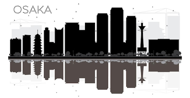 Osaka City Skyline Schwarz-Weiß-Silhouette mit Reflexionen. Vektor-Illustration. Einfaches flaches Konzept für Tourismuspräsentation, Banner, Plakat oder Website. Stadtbild mit Wahrzeichen.