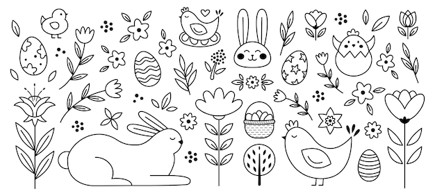 Vektor oster-droodle-schwarze-linien-sammlung sammlung von kaninchenblumen, eiern, küken