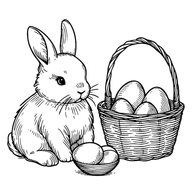 Vektor oster-vintage-vektorillustrationen, handgezeichnete skizzen, kaninchen, festliche eier im korb, frohe oster.