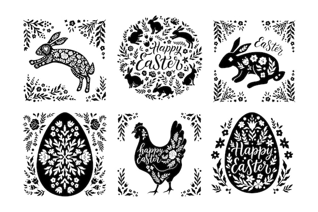 Vektor osterdekoration hintergrund set mit hase-eiern hühner blumen silhouetten frühlings-folk-stil karten-design in schwarz-weißer farben lustige buchstaben typografie etikett oster-grüßung vorlage
