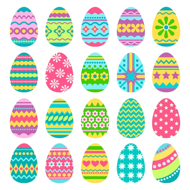 Ostereier bunte Icon-Set isoliert auf weißem Hintergrund. Traditionelles Symbol für Ostern. Flache Vektorgrafik. Design für Karte, Druck, Textil, Scrapbooking