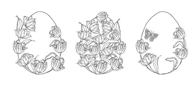 Ostereier-Set mit Tulpenblumen-Hintergrund handgezeichneten Blumenelementen für den Frühlingsurlaub Schwarz-Weiß-Linienkunstkompositionen für Malblätter Vektorillustrationen für Karten oder Einladungen