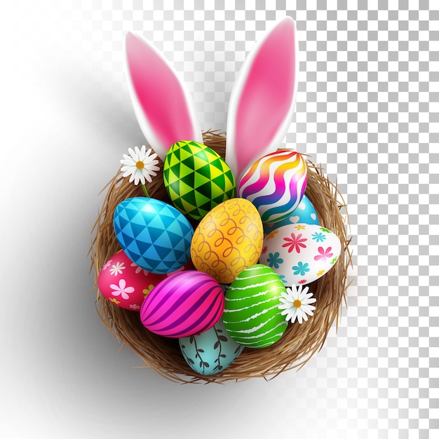 Ostereier und Osterhasenohren im Nest