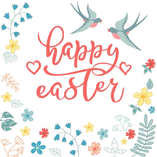Ostergrußkarte mit Vektorbild aus Schriftzug, Osterkorb, farbigen Eiern, Schwalben, Hasen u