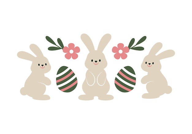 Osterhase Kaninchen und Eier mit Ornament im niedlichen minimalistischen Stil, isoliert auf weißem Hintergrund