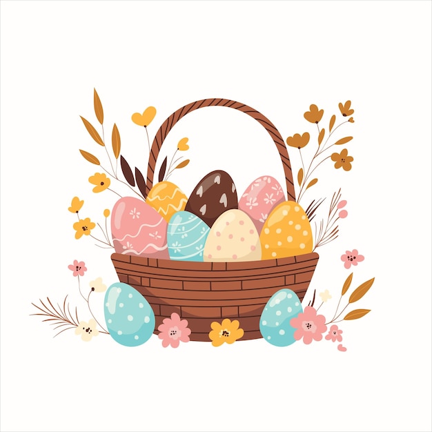 Osterkorb mit bunten Eiern und Blumen